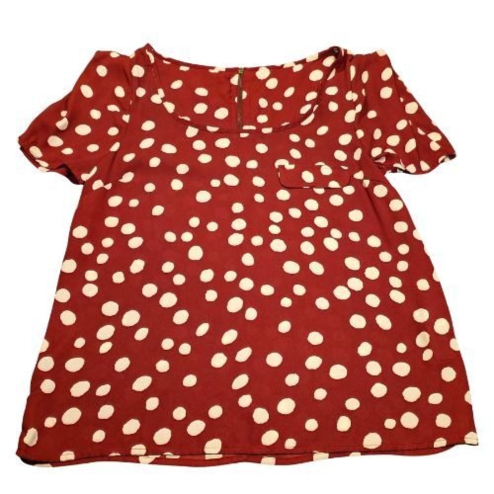 Womens M Burgundy Red Polka Dot Short Sleeve Zipper Back Blouse Top Boho Career